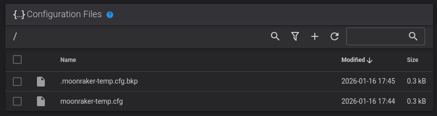 A mostly-empty config file list in Fluidd